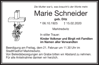 Traueranzeige von Marie Schneider von Frankenpost