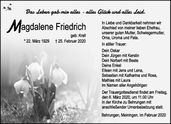 Traueranzeige von Magdalene Friedrich von Südthüringer Presse