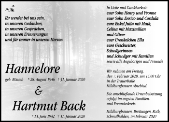 Traueranzeige von HaneloreHartmut BackBack von Südthüringer Presse