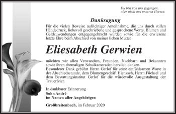 Traueranzeige von Eliesabeth Gerwien von Südthüringer Presse