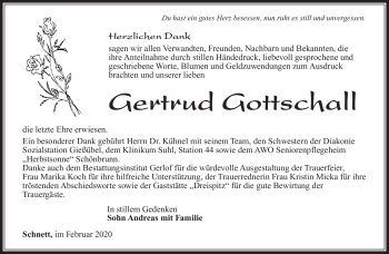 Traueranzeige von Gertrud Gottschall von Südthüringer Presse