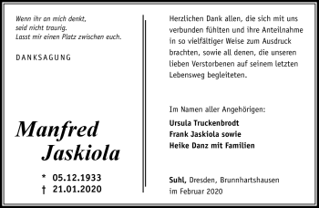Traueranzeige von Manfred Jaskiola von Südthüringer Presse