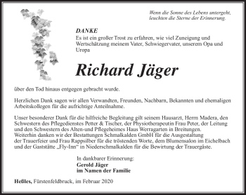 Traueranzeige von Richard Jäger von Südthüringer Presse