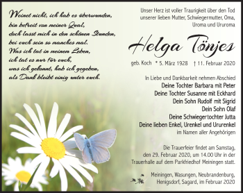 Traueranzeige von Helga Tönjes von Südthüringer Presse