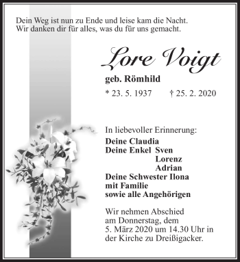 Traueranzeige von Lore Voigt von Südthüringer Presse