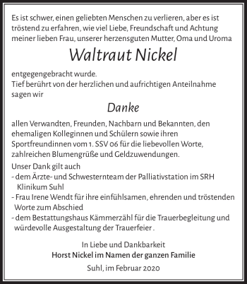 Traueranzeige von Waltraut Nickel von Südthüringer Presse