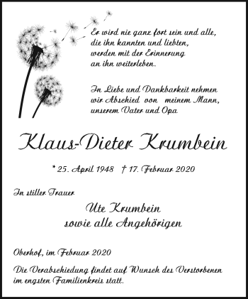 Traueranzeige von Klaus-Dieter Krumbein von Südthüringer Presse