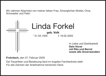 Traueranzeige von Linda Forkel von Neue Presse Coburg