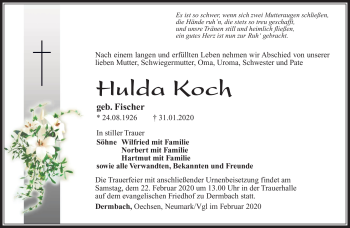 Traueranzeige von Hulda Koch von Südthüringer Presse