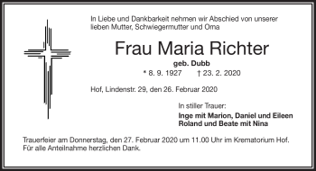 Traueranzeige von Maria Richter von Frankenpost