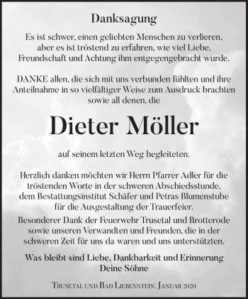 Traueranzeige von Dieter Möller von Südthüringer Presse