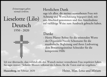 Traueranzeige von Lieselotte Deutsch von Neue Presse Coburg