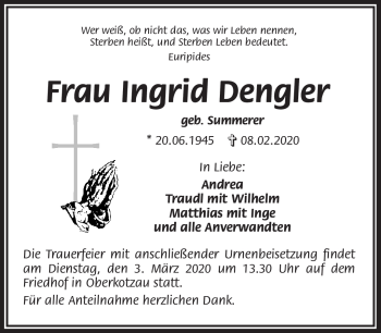 Traueranzeige von Ingrid Dengler von Frankenpost