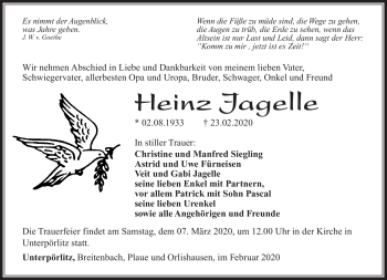 Traueranzeige von Heinz Jagelle von Südthüringer Presse