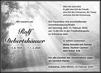 Traueranzeige von Rolf Debertshäuser von Südthüringer Presse
