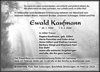 Traueranzeige von Ewald Kaufmann von Südthüringer Presse