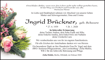 Traueranzeige von Ingrid Brückner von Südthüringer Presse