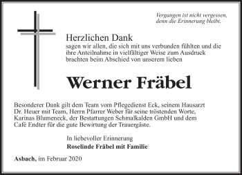 Traueranzeige von Werner Fräbel von Südthüringer Presse