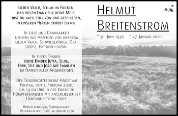 Traueranzeige von Helmut Breitenstrom von Südthüringer Presse