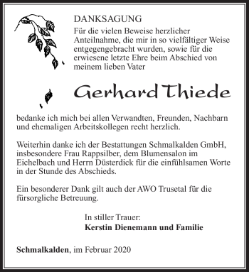 Traueranzeige von Gerhard Thiede von Südthüringer Presse