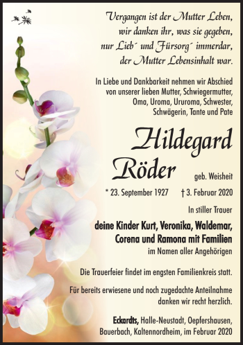 Traueranzeige von Hildegard Röder von Südthüringer Presse