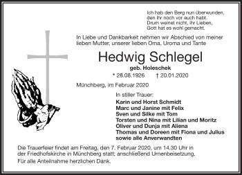 Traueranzeige von Hedwig Schlegel von Frankenpost