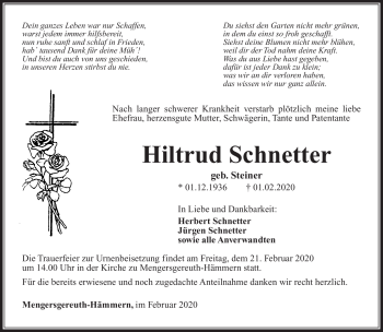 Traueranzeige von Hiltrud Schnetter von Südthüringer Presse