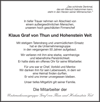 Traueranzeige von Klaus Graf von Thun und Hohenstein Veit von Frankenpost