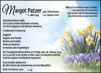 Traueranzeige von Margot Patzer von Südthüringer Presse