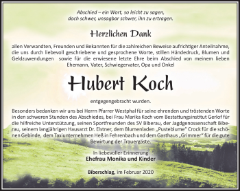 Traueranzeige von Hubert Koch von Südthüringer Presse
