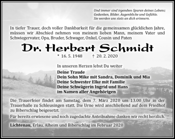 Traueranzeige von Herbert Schmidt von Südthüringer Presse