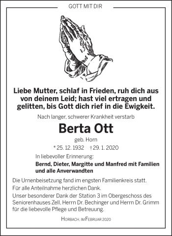 Traueranzeige von Berta Ott von Frankenpost