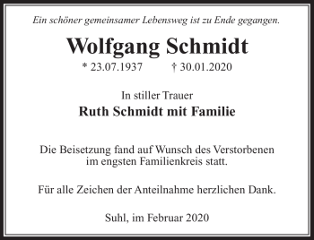 Traueranzeige von Wolfgang Schmidt von Südthüringer Presse