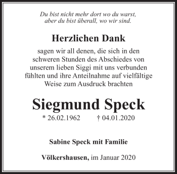Traueranzeige von Siegmund Speck von Südthüringer Presse