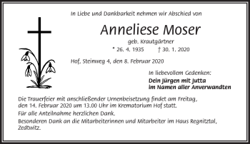 Traueranzeige von Anneliese Moser von Frankenpost