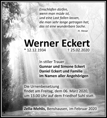 Traueranzeige von Werner Eckert von Südthüringer Presse