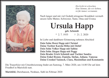 Traueranzeige von Ursula Happ von Südthüringer Presse