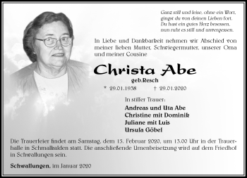 Traueranzeige von Christa Abe von Südthüringer Presse