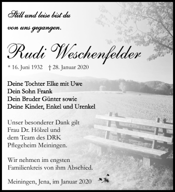 Traueranzeige von Rudi Weschenfelder von Südthüringer Presse