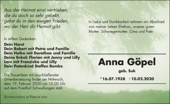 Traueranzeige von Anna Göpel von Südthüringer Presse