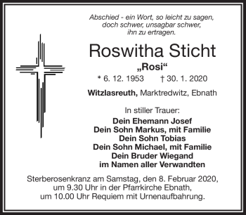 Traueranzeige von Roswitha Sticht von Frankenpost