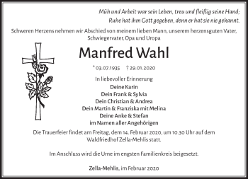 Traueranzeige von Manfred Wahl von Südthüringer Presse