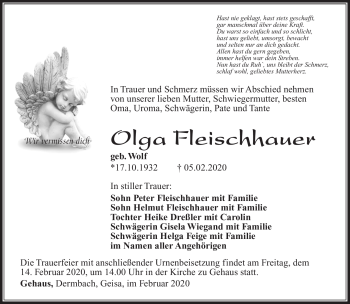 Traueranzeige von Olga Fleischhauer von Südthüringer Presse