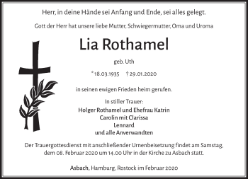 Traueranzeige von Lia Rothamel von Südthüringer Presse