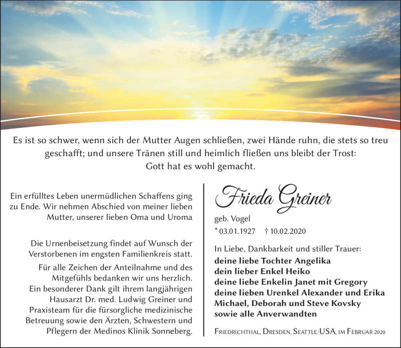  Traueranzeige für Frieda Greiner vom 21.02.2020 aus Südthüringer Presse