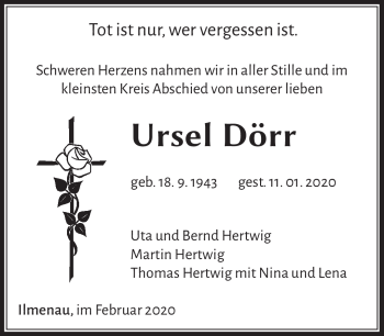 Traueranzeige von Ursle Dörr von Südthüringer Presse