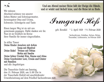 Traueranzeige von Irmgard Heß von Südthüringer Presse