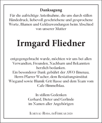 Traueranzeige von Irmgard Fliedner von Südthüringer Presse