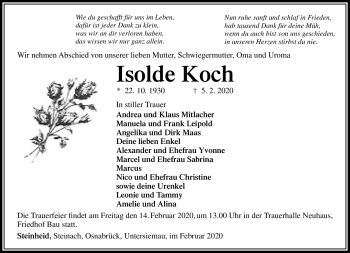 Traueranzeige von Isolde Koch von Südthüringer Presse