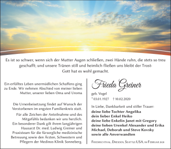 Traueranzeige von Frieda Greiner von Südthüringer Presse